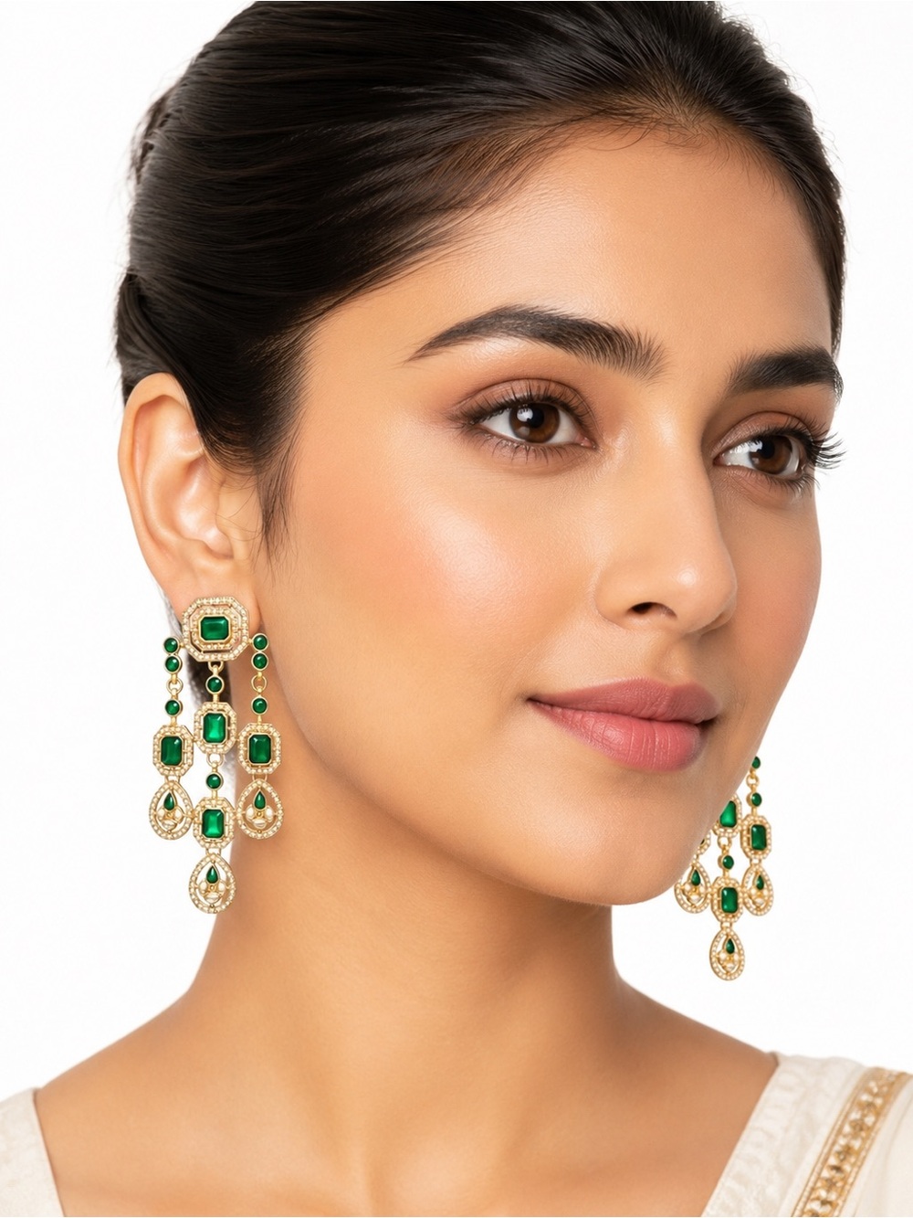 Gold-Tone Green Stone Chandelier Earrings - Women Jewelry
